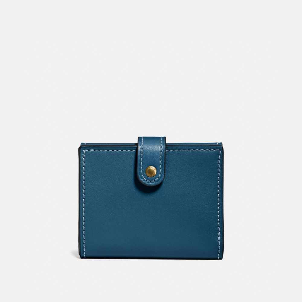 COACH®,SMALL TRIFOLD WALLET,Leather,Brass/Dark Denim,Front View