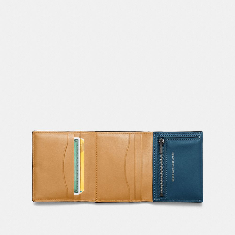 COACH®,SMALL TRIFOLD WALLET,Leather,Brass/Dark Denim,Inside View,Top View