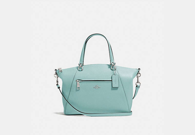 COACH®,PRAIRIE SATCHEL,Pebbled Leather,Medium,Silver/Light Turquoise,Front View