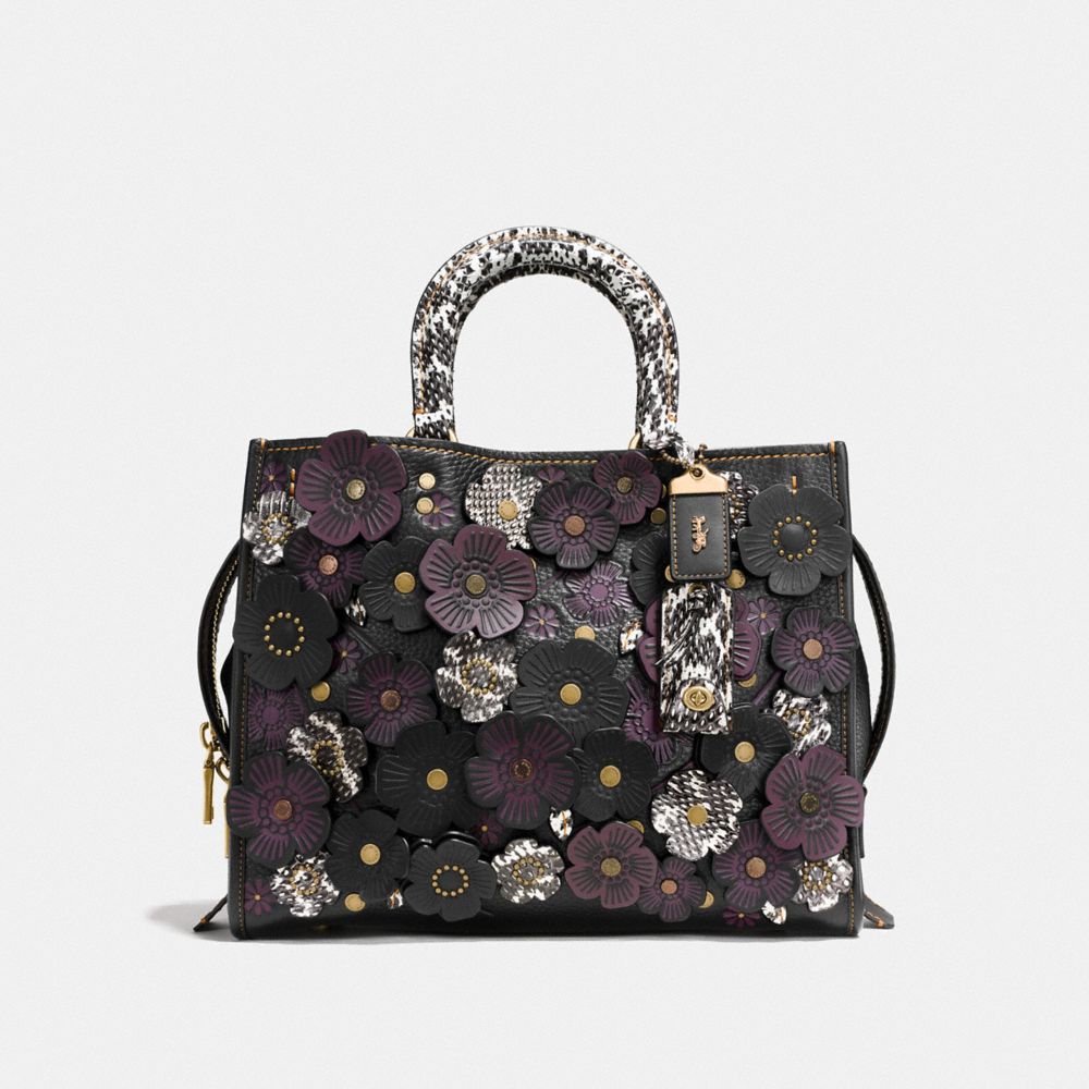 COACH®,ROGUE WITH SNAKESKIN TEA ROSE,reptile,Large,Brass/Black,Front View