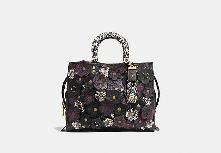 COACH®,ROGUE WITH SNAKESKIN TEA ROSE,reptile,Large,Brass/Black,Front View