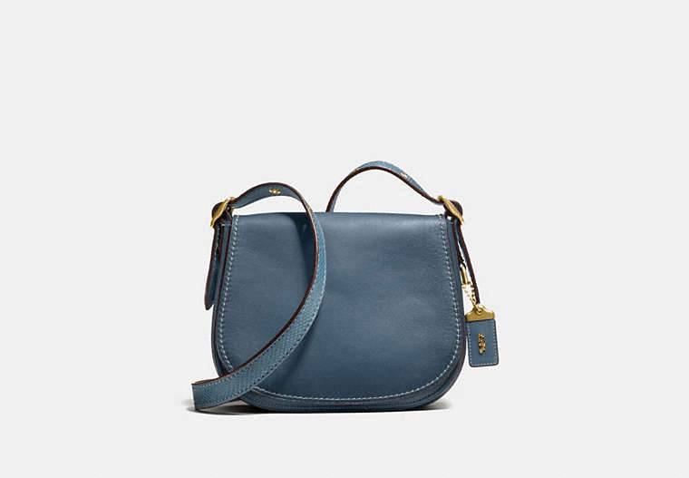 COACH®,SADDLE 23 WITH COLORBLOCK SNAKESKIN DETAIL,reptile,Small,Brass/Dark Denim,Front View