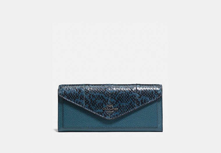 COACH®,SOFT WALLET IN COLORBLOCK SNAKESKIN,reptile,Dark Gunmetal/Mineral,Front View