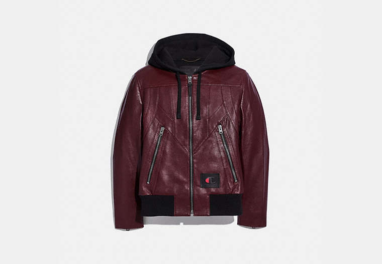 COACH®,COACH X CHAMPION LEATHER JACKET,Leather,Burgundy,Front View