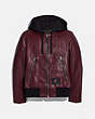 COACH®,COACH X CHAMPION LEATHER JACKET,Leather,Burgundy,Front View