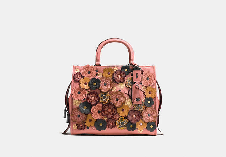 COACH®,ROGUE WITH TEA ROSE,Leather,Large,Black Copper/Melon,Front View