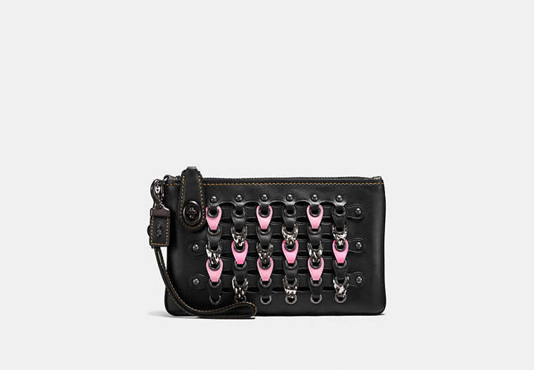 COACH®,TURNLOCK WRISTLET 21 WITH SNAKESKIN COACH LINK,Leather,Black Copper/Black,Front View