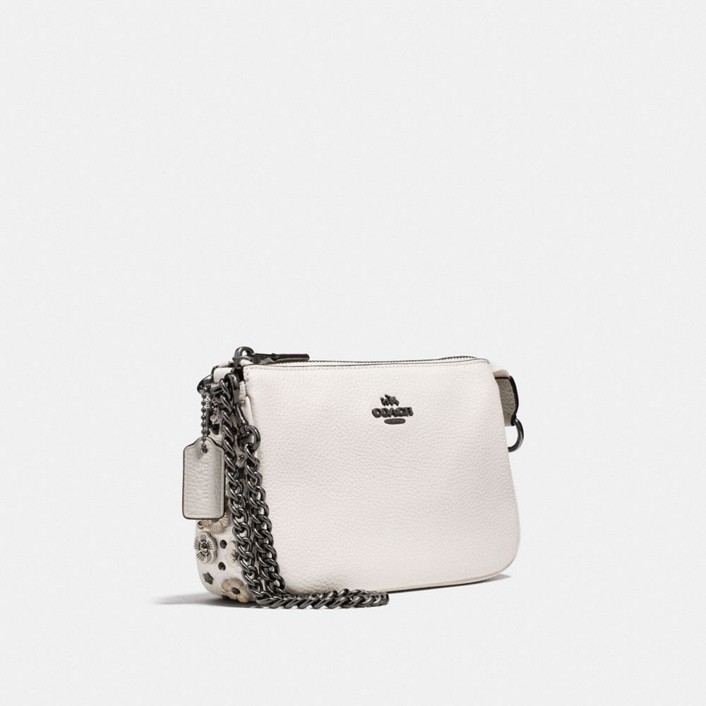 COACH®,NOLITA WRISTLET 19 WITH TEA ROSE DETAIL,Leather,Chalk/Dark Gunmetal,Angle View