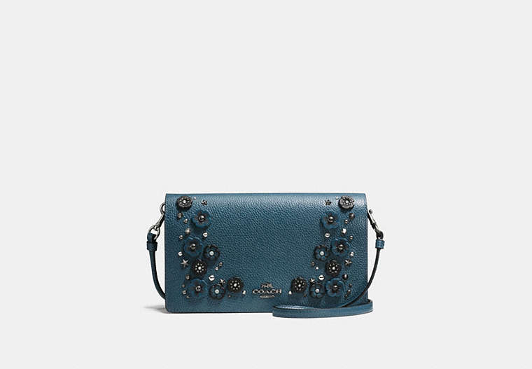 COACH®,FOLDOVER CROSSBODY CLUTCH WITH WILLOW FLORAL DETAIL,Leather,Mini,Dark Gunmetal/Mineral,Front View