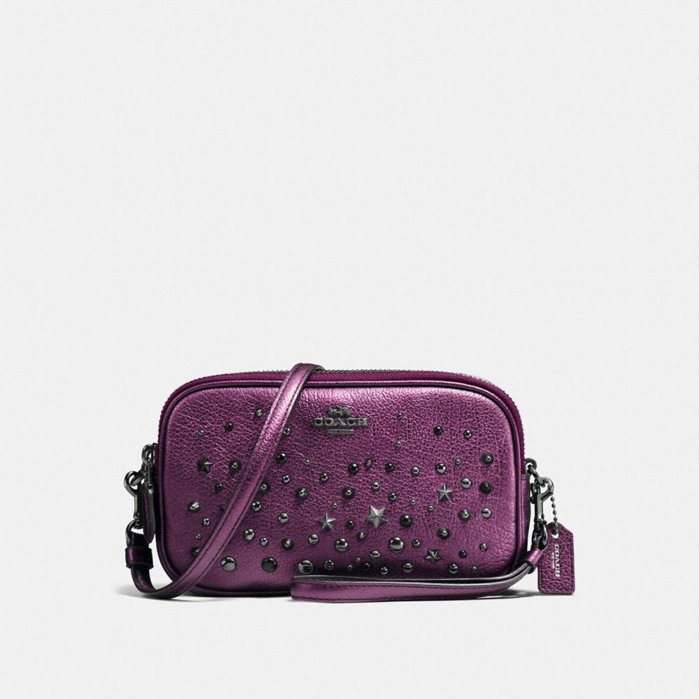 COACH®,CROSSBODY CLUTCH WITH STAR RIVETS,Leather,Metallic Mauve/Matte Black,Front View