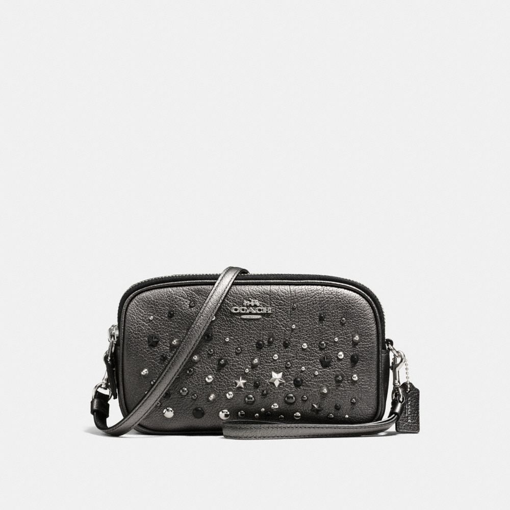 COACH®,CROSSBODY CLUTCH WITH STAR RIVETS,Leather,Silver/Metallic Graphite,Front View