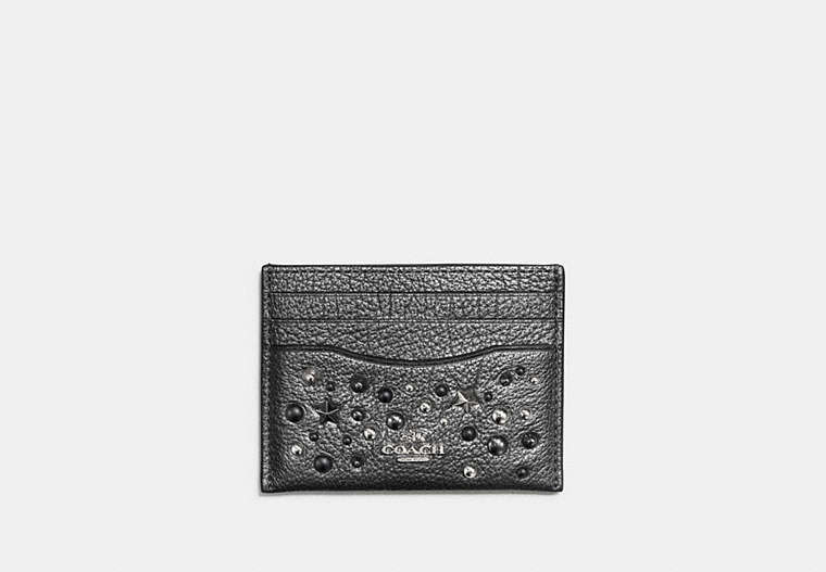 COACH®,CARD CASE WITH STAR RIVETS,Leather,Silver/Metallic Graphite,Front View
