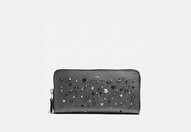 COACH®,ACCORDION ZIP WALLET STAR RIVETS,Leather,Silver/Metallic Graphite,Front View