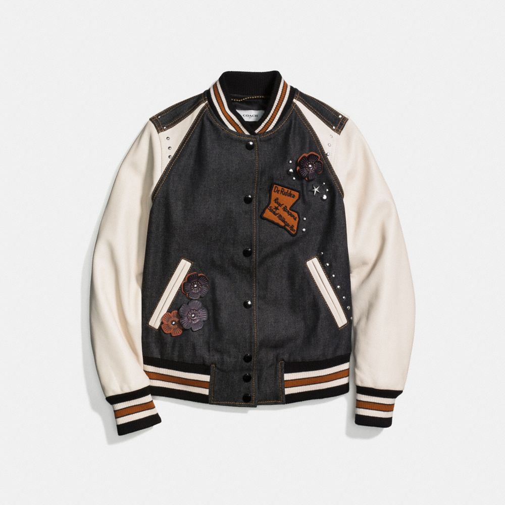 Embellished Denim Varsity Jacket