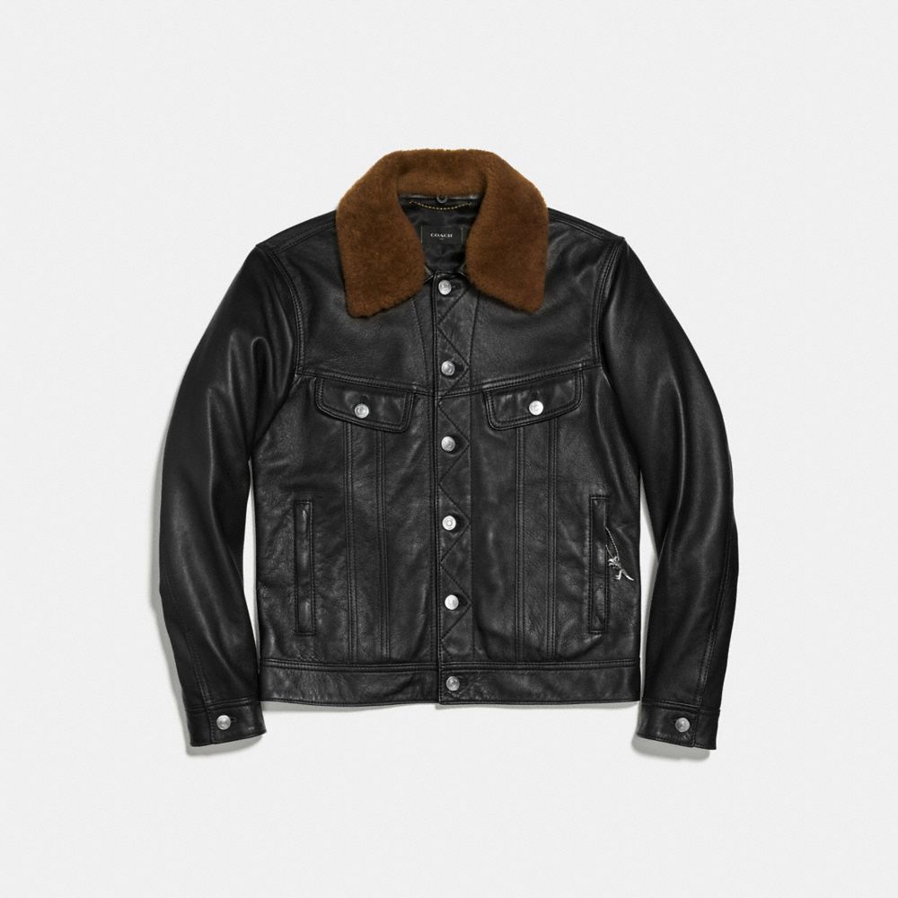 COACH®,TRUCKER JACKET,Leather,Black,Front View