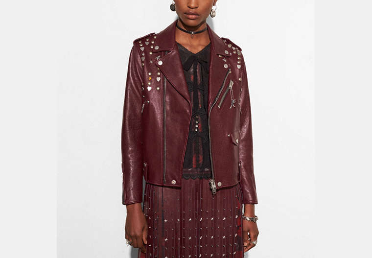 COACH®,MOTO JACKET WITH BEATNIK RIVETS,Leather,Maroon,Front View