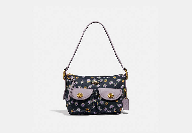 COACH®,CARGO SHOULDER BAG WITH VINTAGE ROSE PRINT,Nylon,Brass/Midnight Navy,Front View