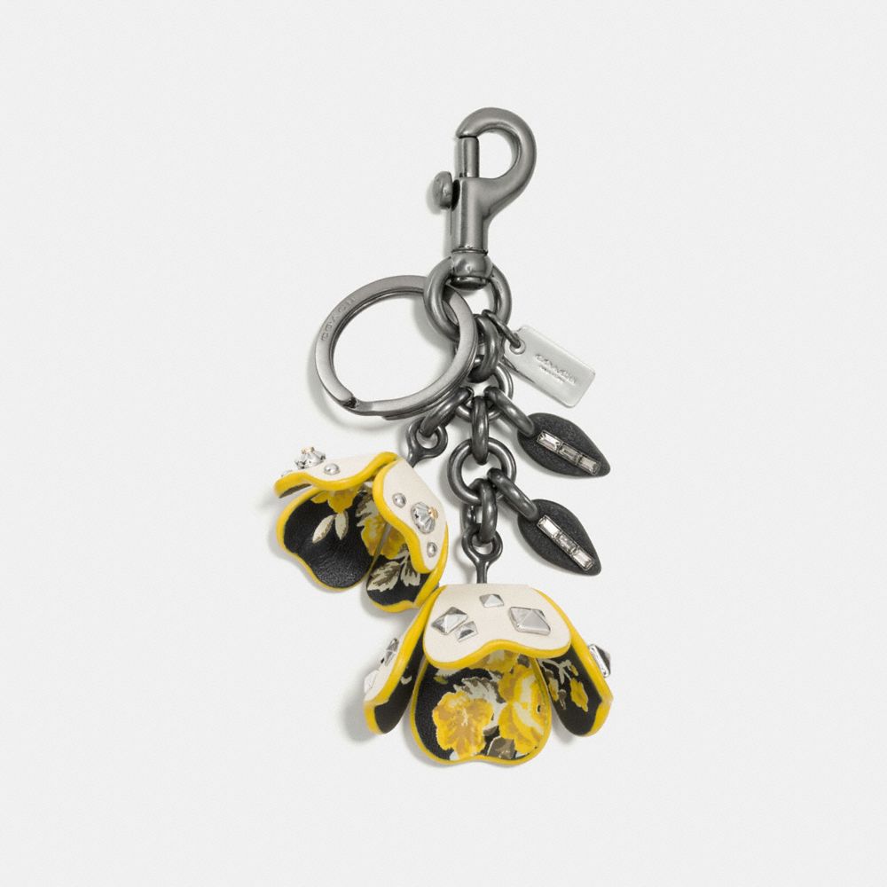 COACH®,FLORAL PRINTED TEA ROSE BAG CHARM,Mixed Material,Black/Chalk,Front View