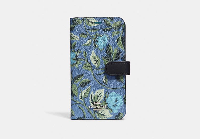 COACH®,IPHONE X/XS FOLIO WITH SLEEPING ROSE PRINT,Leather,Blue/Multi,Front View