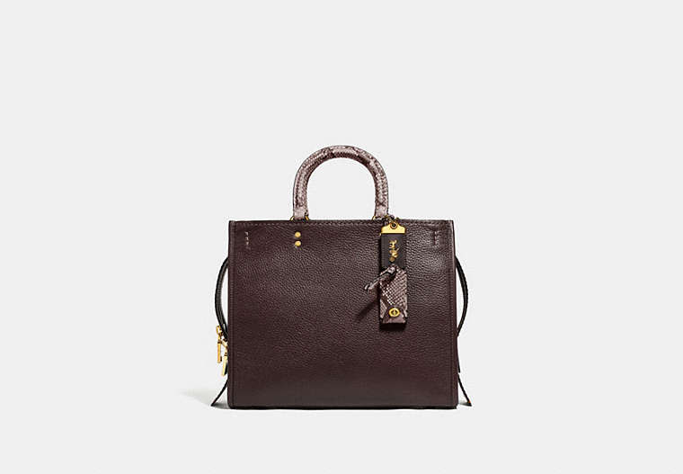 COACH®,ROGUE BAG IN COLORBLOCK WITH SNAKESKIN DETAIL,Pebble Leather/Exotic,Medium,Brass/Oxblood Multi,Front View