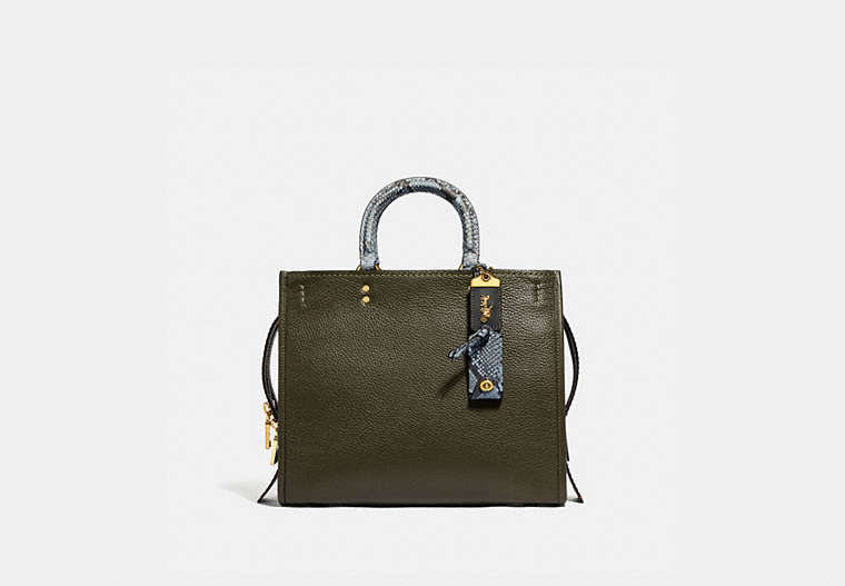 COACH®,ROGUE IN COLORBLOCK WITH SNAKESKIN DETAIL,Pebble Leather/Exotic,Medium,Brass/OLIVE,Front View