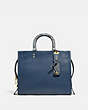 COACH®,ROGUE BAG IN COLORBLOCK WITH SNAKESKIN DETAIL,Pebble Leather/Exotic,Medium,Brass/Dark Denim,Front View