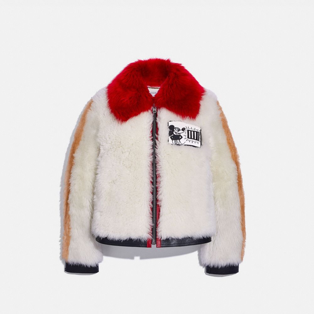 COACH®,DISNEY MICKEY MOUSE X KEITH HARING SHEARLING JACKET,Cream,Front View image number 0