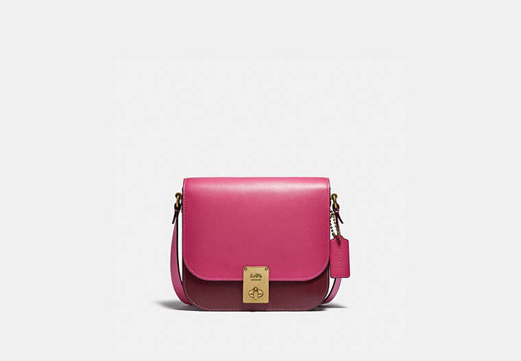 COACH®,HUTTON SADDLE BAG IN COLORBLOCK,Smooth Leather,Medium,Brass/Confetti Pink Multi,Front View