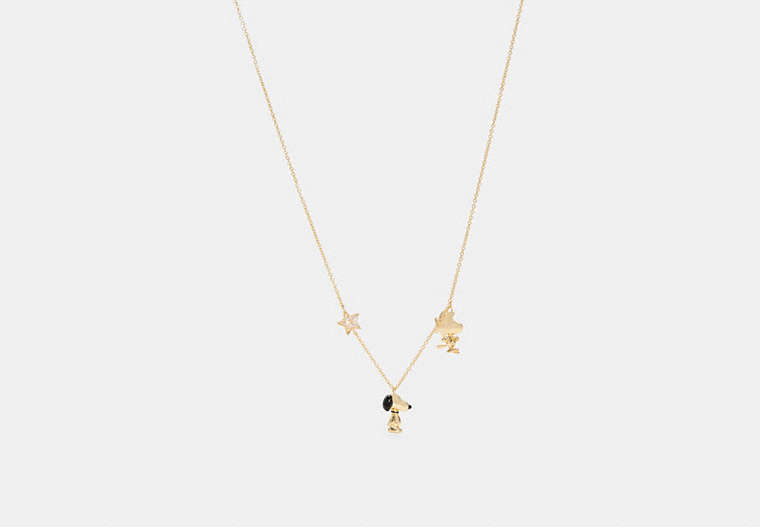 COACH®,COACH X PEANUTS SNOOPY AND WOODSTOCK LONG NECKLACE,Gold/Multi,Front View