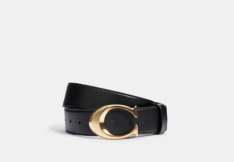 COACH®,SIGNATURE BUCKLE BELT, 38MM,Leather,Gold/Black,Front View