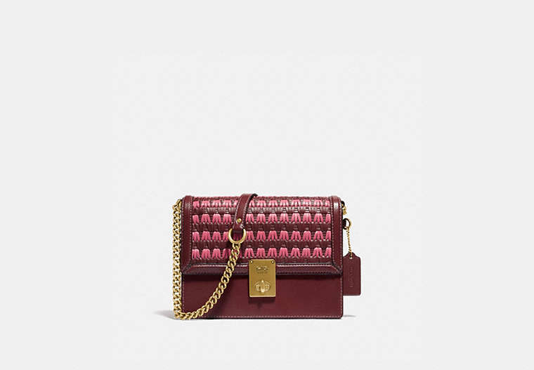 COACH®,HUTTON SHOULDER BAG WITH WEAVING,Leather,Small,Brass/Wine Multi,Front View image number 0