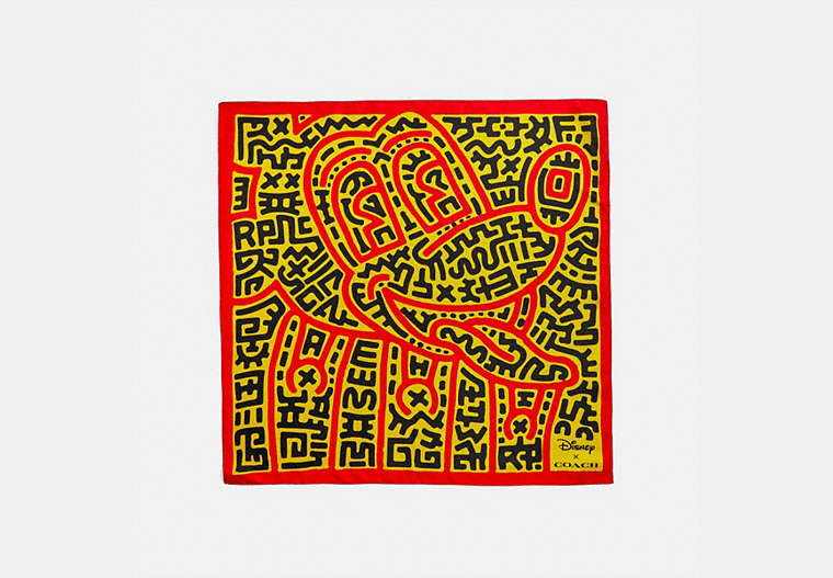 COACH®,DISNEY MICKEY MOUSE X KEITH HARING SILK BANDANA,n/a,Electric Red/Yellow,Front View