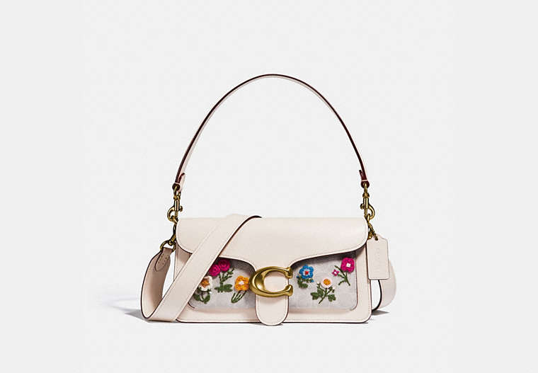 COACH®,TABBY SHOULDER BAG 26 IN SIGNATURE CANVAS WITH FLORAL EMBROIDERY,pvc,Small,Brass/Chalk Chalk,Front View