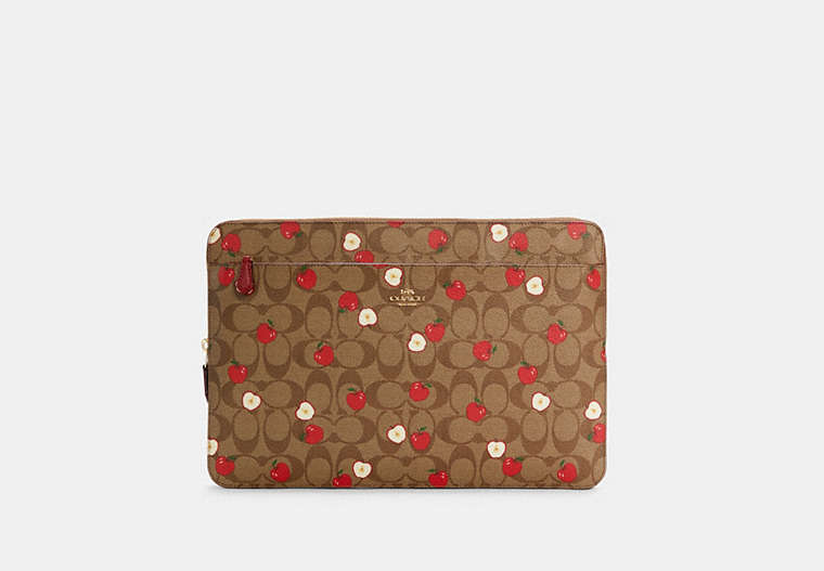 COACH®,LAPTOP SLEEVE IN SIGNATURE CANVAS WITH APPLE PRINT,Gold/Khaki Multi,Front View