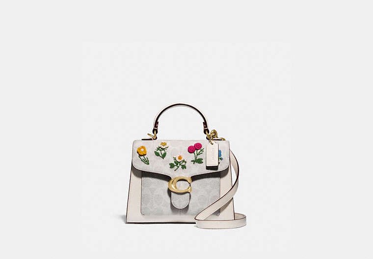 COACH®,TABBY TOP HANDLE 20 IN SIGNATURE CANVAS WITH FLORAL EMBROIDERY,Coated Canvas,Brass/Chalk Chalk,Front View