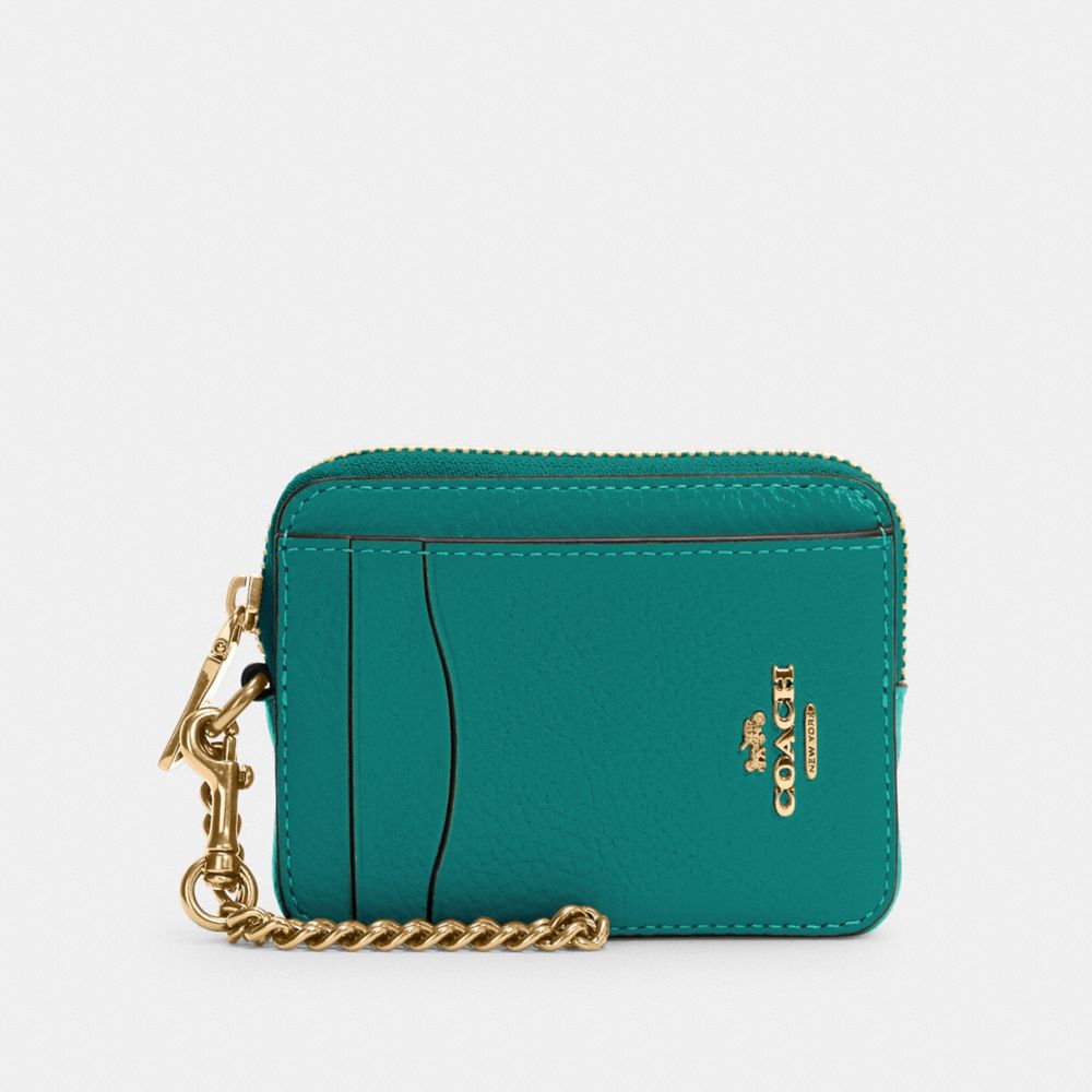 COACH®,ZIP CARD CASE,Pebbled Leather,Mini,Gold/Bright Jade,Front View