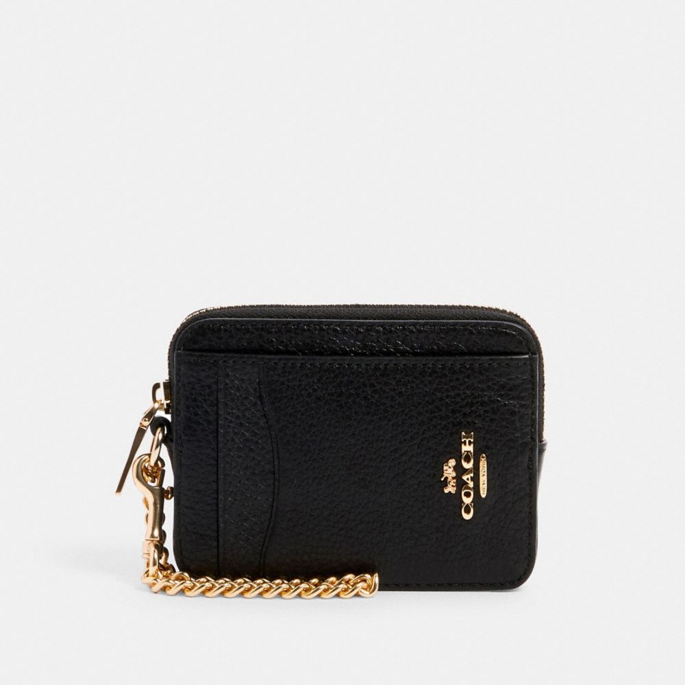 COACH®,ZIP CARD CASE,Pebbled Leather,Mini,Gold/Black,Front View