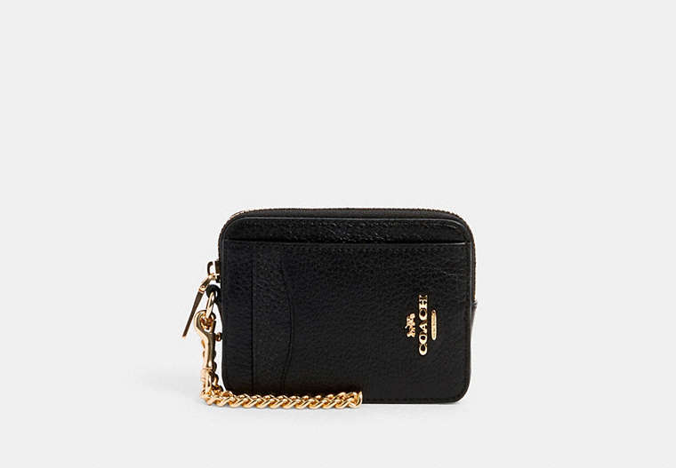 COACH®,ZIP CARD CASE,Pebbled Leather,Mini,Gold/Black,Front View