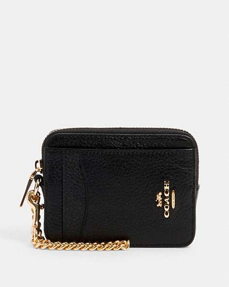 COACH®,ZIP CARD CASE,Pebbled Leather,Gold/Black,Front View