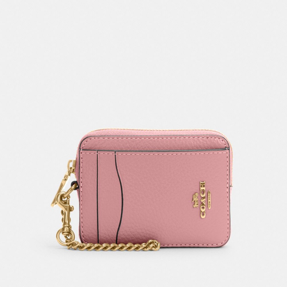 COACH®,ZIP CARD CASE,Pebbled Leather,Mini,Gold/True Pink,Front View