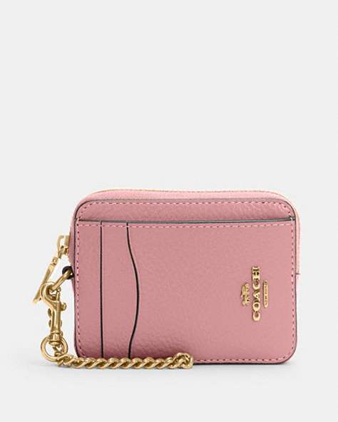 COACH®,ZIP CARD CASE,Pebbled Leather,Gold/True Pink,Front View