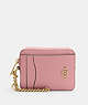 COACH®,ZIP CARD CASE,Pebbled Leather,Mini,Gold/True Pink,Front View
