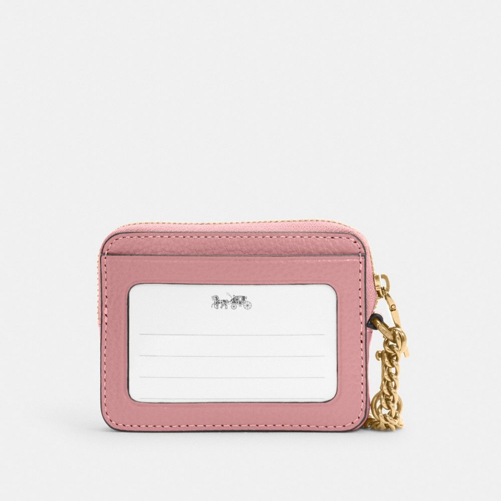 COACH®,ZIP CARD CASE,Pebbled Leather,Mini,Gold/True Pink,Back View