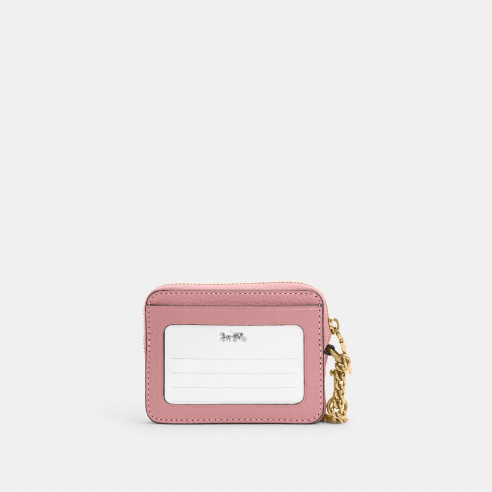 COACH®,ZIP CARD CASE,Pebbled Leather,Mini,Gold/True Pink,Back View