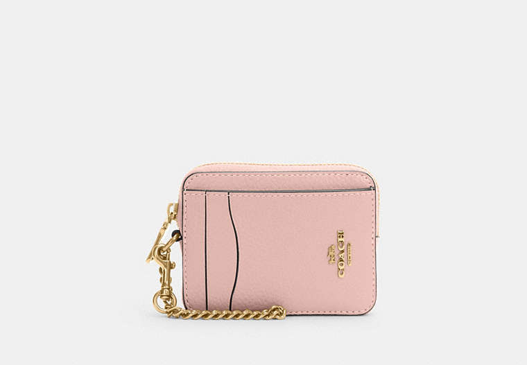 COACH®,ZIP CARD CASE,Pebbled Leather,Mini,Gold/Powder Pink,Front View