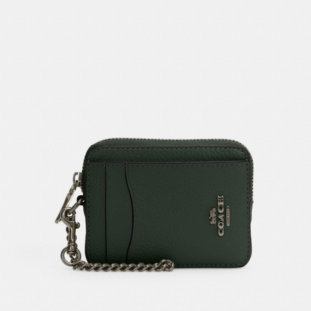 COACH®,ZIP CARD CASE,Pebbled Leather,Mini,Gold/Amazon Green,Front View