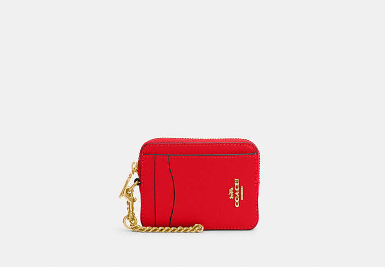 COACH®,ZIP CARD CASE,Pebbled Leather,Mini,Gold/Electric Red,Front View