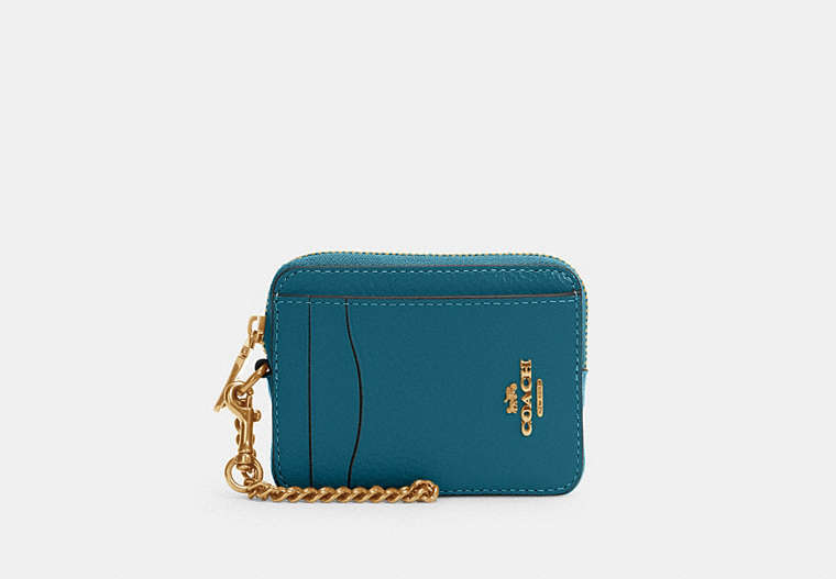 COACH®,ZIP CARD CASE,Pebbled Leather,Mini,Gold/Teal Ink,Front View