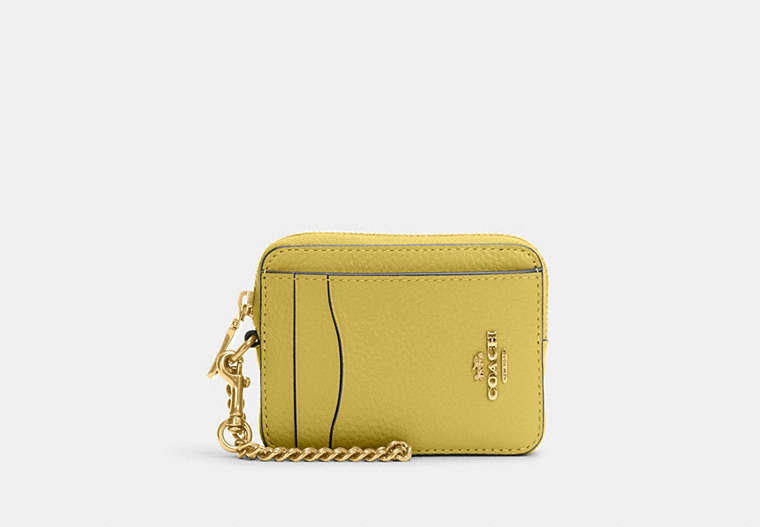 COACH®,ZIP CARD CASE,Pebbled Leather,Mini,Im/Chartreuse,Front View