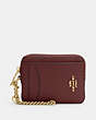 COACH®,ZIP CARD CASE,Pebbled Leather,Mini,Gold/Wine,Front View